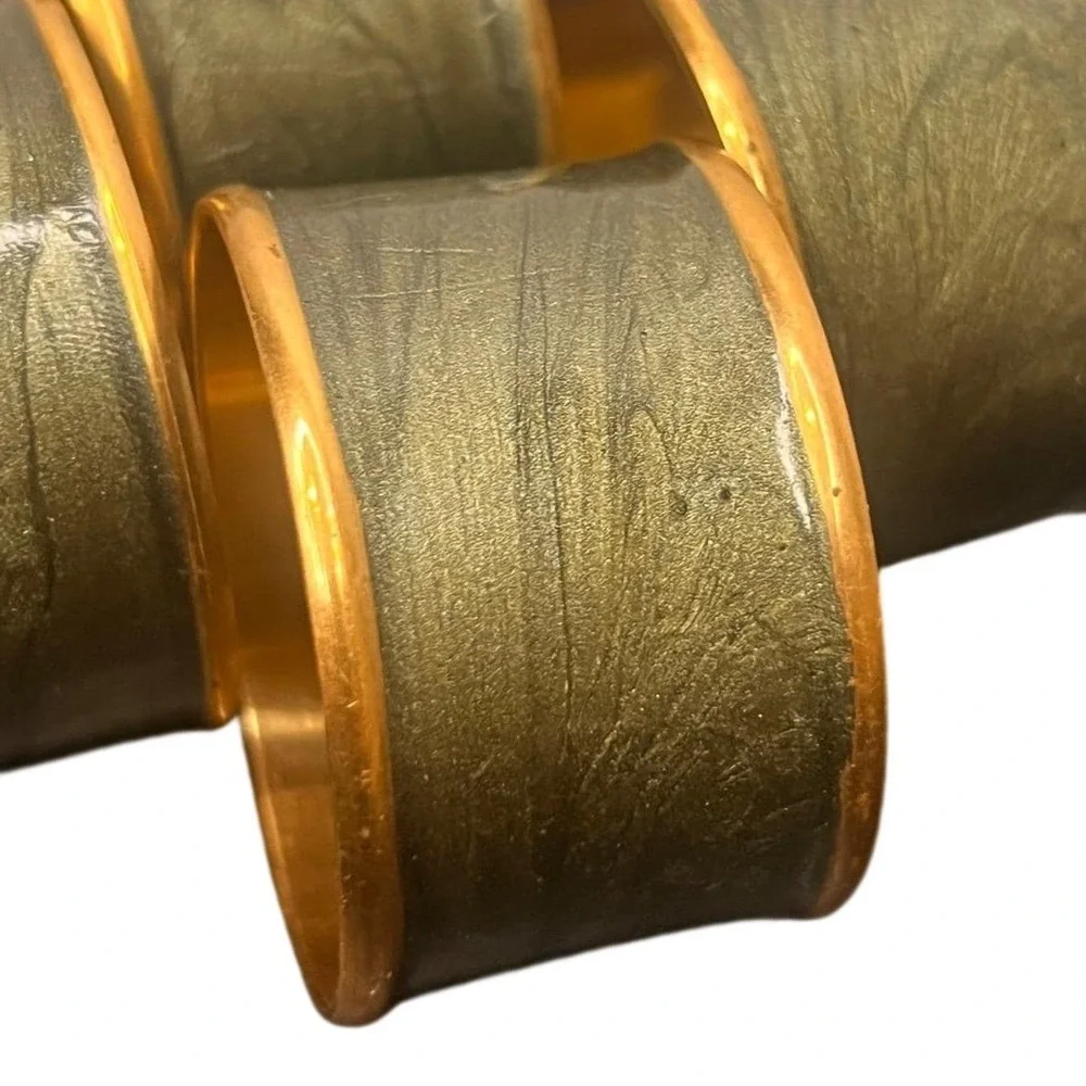 Napkin‎ Rings Olive Green Gold Brass Marbled Enamel Set of 4 Mid Century Style